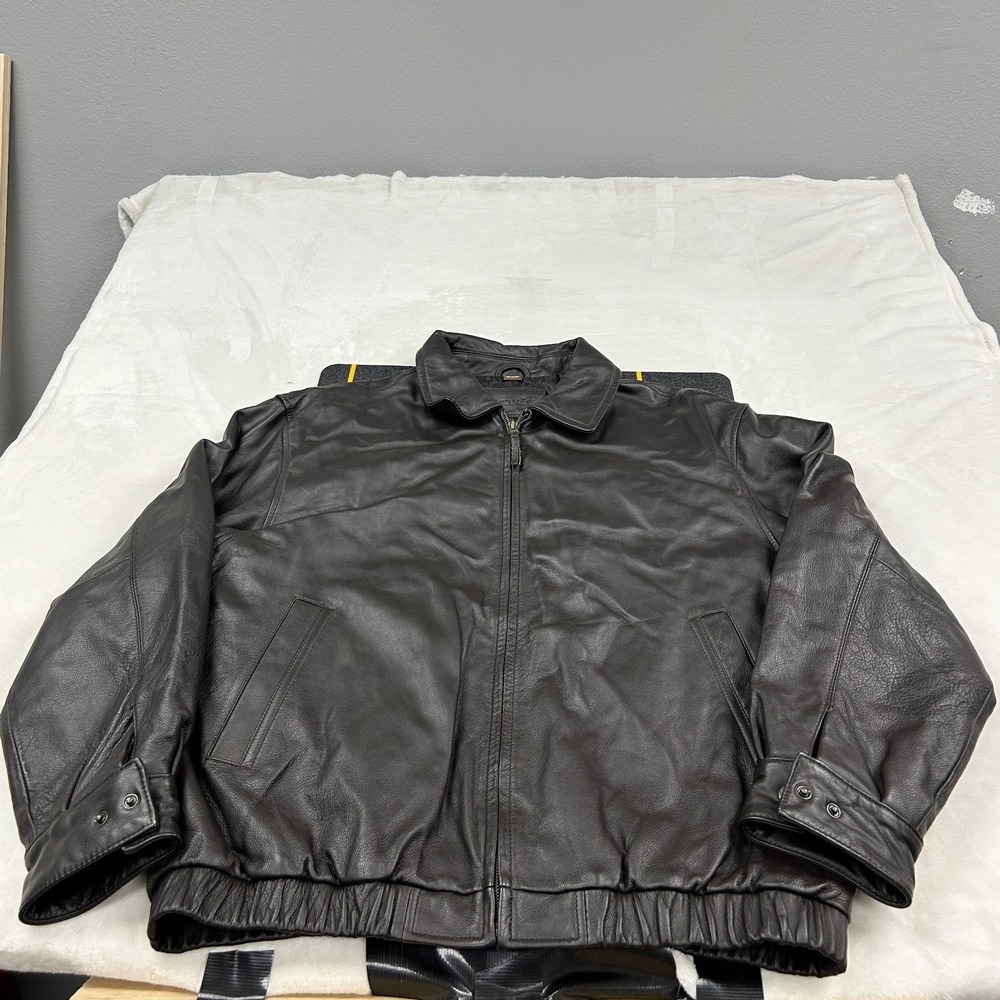 St. Johns Bay Leather Bomber Jacket Mens Large Black Quilted Lined Full Zip F1